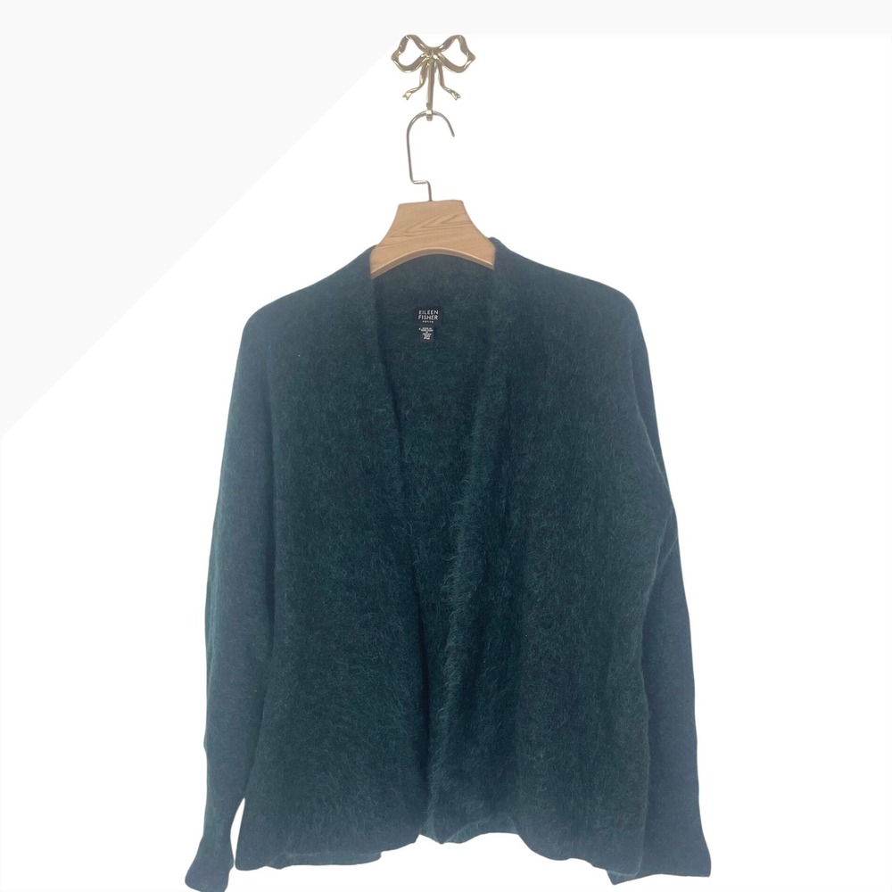 Eileen Fisher Mohair Wool Blend Open Front Cardigan Forest Green PM 81U0